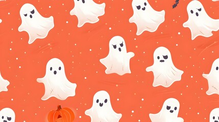 Cute Cartoon Ghost Pattern in Orange and White for Halloween Themed Design