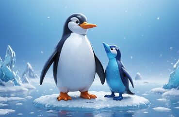 Obraz premium 3d render of cartoon penguin in realistic ice background