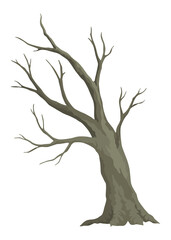 Old dead tree. Hand draw leafless trunk. Winter or autumn season plants icon, dry naked branch silhouette. Nature ecology problems concept. Isolated  illustration