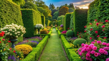 Fototapeta premium A beautifully manicured green hedge borders a serene garden path, surrounded by vibrant flowers and lush foliage, creating a peaceful outdoor ambiance.