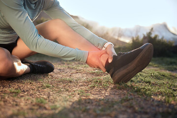 Outdoor, ankle and pain with hands for fitness, exercise injury and muscle strain in morning by...