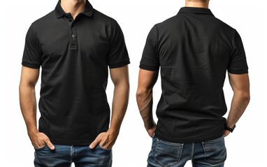Black polo shirt on man front and back view isolated white background mockup template for 
