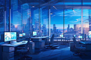 office inside a skyscraper. Planning, recording, meetings. Blue tones.