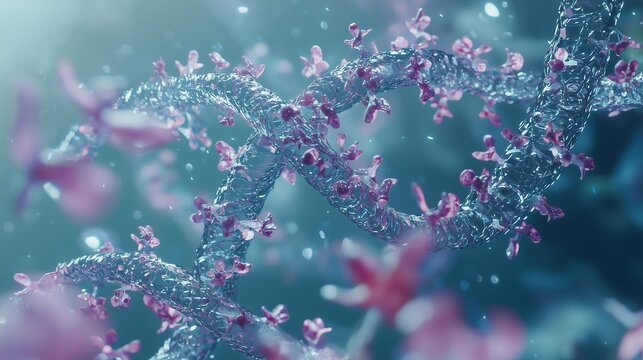 Dna strands with floral elements representing genetic engineering and bioengineering concepts.