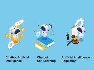 Chatbot self-learning, artificial intelligence regulations metaphors 3d isometric vector illustration