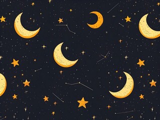 Naklejka premium Mesmerizing Mystical Moon and Stars Pattern for Spooky Halloween Backdrop in Cartoon Style