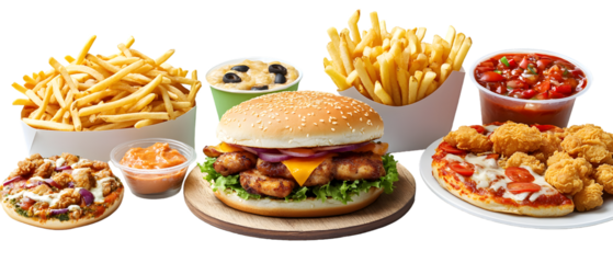 Set of fast food including a sandwich with grilled chicken, hamburger with French fries on a wooden plate,, isolated on a white transparent background