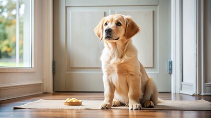Adorable golden retriever puppy sitting on floor in front of opened door, looking up at treats on couch, during in-home obedience training session.