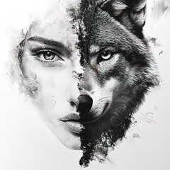 woman and wolf as one - black and white