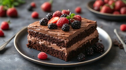 Layered brownie cake with alternating layers of bread and chocolate frosting, topped with fresh berries, layered brownie cake bread, layered dessert perfection
