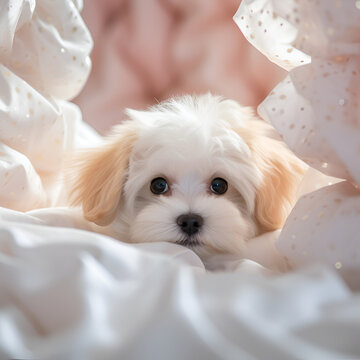 white cute animal dog playing hide and seek on white soft bed animal in house interior pet lifestyle at home,
cozy white dog resting on a fluffy blanket,Cute small white puppies of the Maltez breed p
