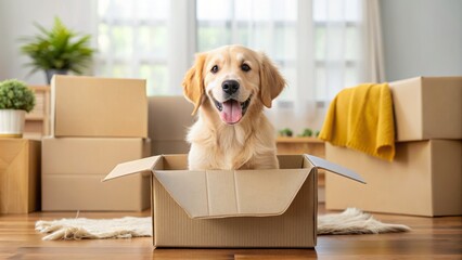 A happy golden retriever puppy is sitting in a cardboard box amidst scattered packing supplies, surrounded by moving boxes and chaos.