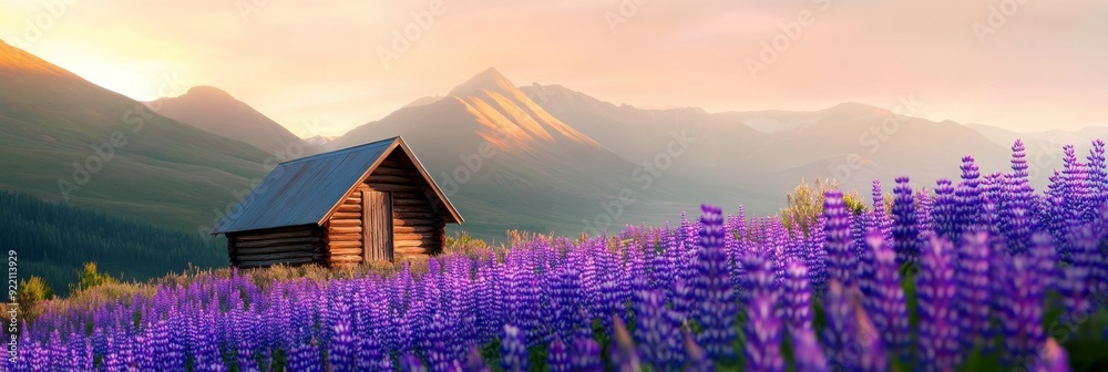 Wall mural Rustic Wooden Hut Amidst Vibrant Purple Flowers