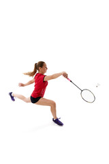 Fototapeta premium Professional badminton player hitting shuttlecock, during training session before competition against white background. Concept of individual sport, tournament, match, championship. Ad