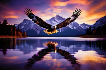 Obraz premium Majestic eagle soaring above pristine mountain lake