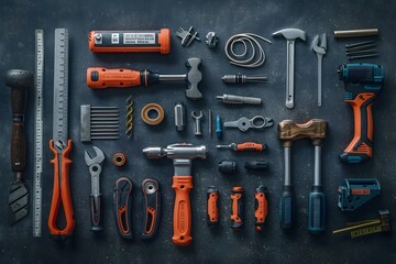 Assortment of Home Improvement Tools Neatly Arranged in Flat Lay Style