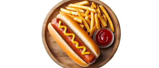 Top view of a hot dog with mustard and ketchup and fries on a wooden plate, isolated on a white background