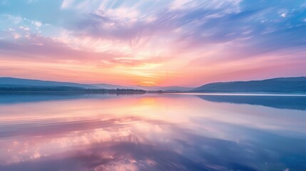 Fototapeta premium A calm lake reflecting a stunning sunrise, with the sky painted in pastel shades of pink, lavender, and blue