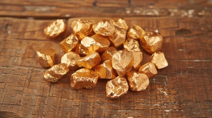 Fototapeta premium A cluster of shiny gold nuggets on a wooden surface, representing the discovery and value of success