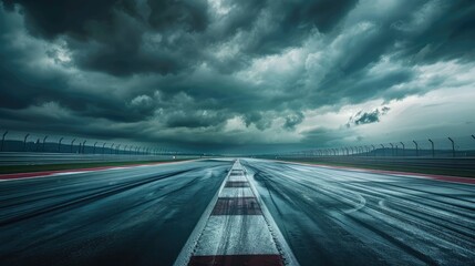 A deserted racetrack under a sky filled with dramatic storm clouds, creating an intense and moody atmosphere