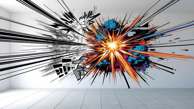 Dynamic manga-style explosion with vibrant colors on white wall
