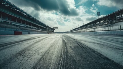 Fototapeta premium A deserted racetrack with empty grandstands, waiting for the excitement and energy of race day to return