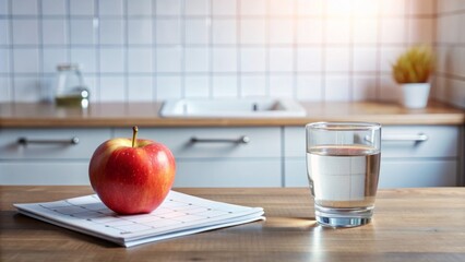 A serene and organized kitchen counter displays a calendar, water, and a single apple, highlighting a disciplined approach to intermittent fasting and healthy living.