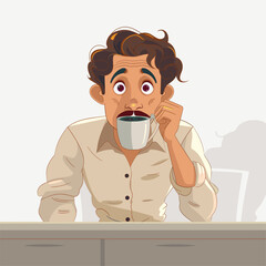 Cartoon of man shocked while drinking coffee.
