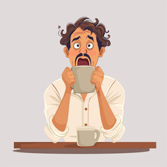 Cartoon of man shocked while drinking coffee.
