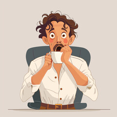 Cartoon of man shocked while drinking coffee.
