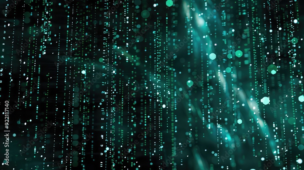 Poster a futuristic digital matrix background with streams of glowing data cascading down a dark screen
