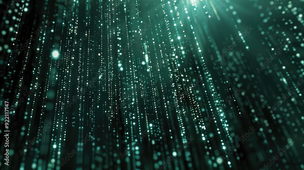 Poster a futuristic digital matrix background with streams of glowing data cascading down a dark screen
