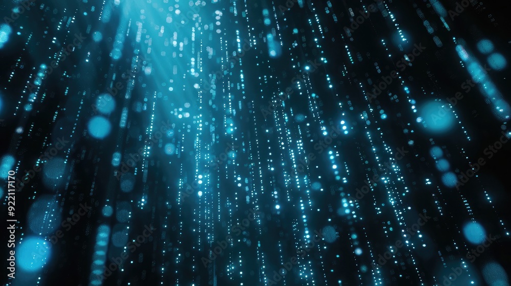 Poster a futuristic digital matrix background with streams of glowing data cascading down a dark screen
