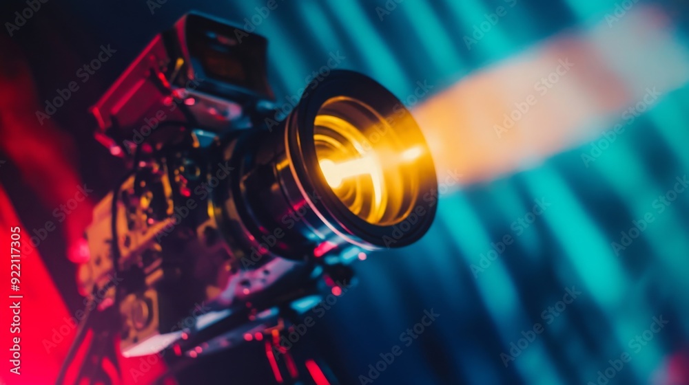 Poster a vintage camera emits a bright beam of light, creating a captivating atmosphere at a vibrant creati