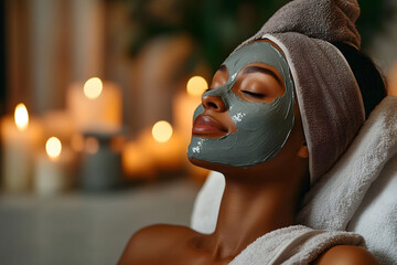 Black woman enjoying a serene spa day with a clay facial mask, head wrapped in a towel, and candles in the background for a tranquil ambiance.