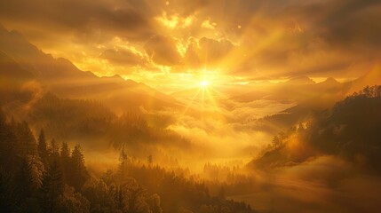 Obraz premium A golden sunrise over a misty valley, with rays of light illuminating the fog and creating a magical atmosphere