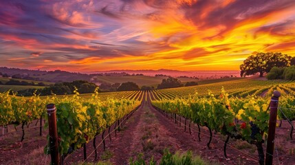 Naklejka premium A golden sunset over a vineyard, with rows of grapevines stretching into the distance under a colorful sky
