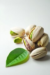 Pistachios with green leaves, perfect for promoting healthy snacks or natural products.