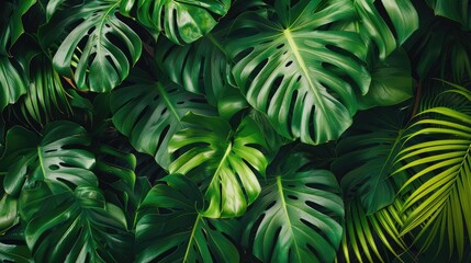 Fototapeta premium A lush tropical leaf pattern background with vibrant greens and bold shapes, evoking a sense of nature and vitality