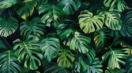 A lush tropical leaf pattern background with vibrant greens and bold shapes, evoking a sense of nature and vitality