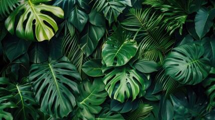 Fototapeta premium A lush tropical leaf pattern background with vibrant greens and bold shapes, evoking a sense of nature and vitality