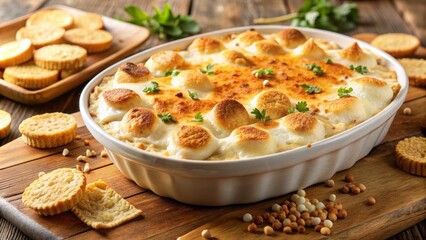 A warm, comforting dish of creamy scalloped potatoes, topped with golden-brown marshmallows and crispy crackers, perfect for a comforting funeral gathering or memorial service.