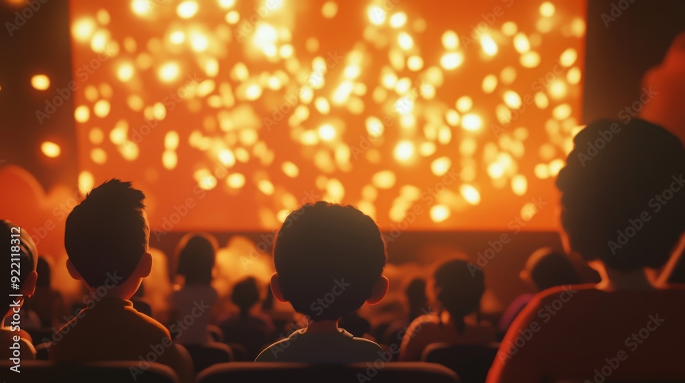 Poster a group of children sits in a dimly lit theater, captivated by a dazzling fireworks show displayed o