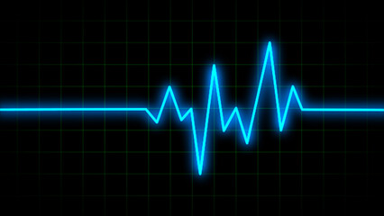 Neon glowing heartbeat or pulse rate line. Health and Medical concept. EKG Pulse line, cardiogram and rhythm. A digital heart beat with a glowing neon effect, symbolizing life, health, technology, lov