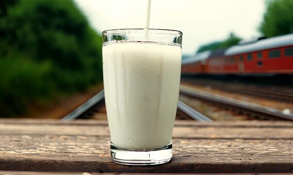 Glass of Milk on a Rustic Table by the Railway Track