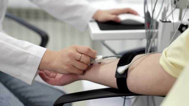 The patient undergoes an electromyography (EMG) test to assess nerve activity. Detects nerve and muscle dysfunctions. Perfect for showcasing advanced medical technologies