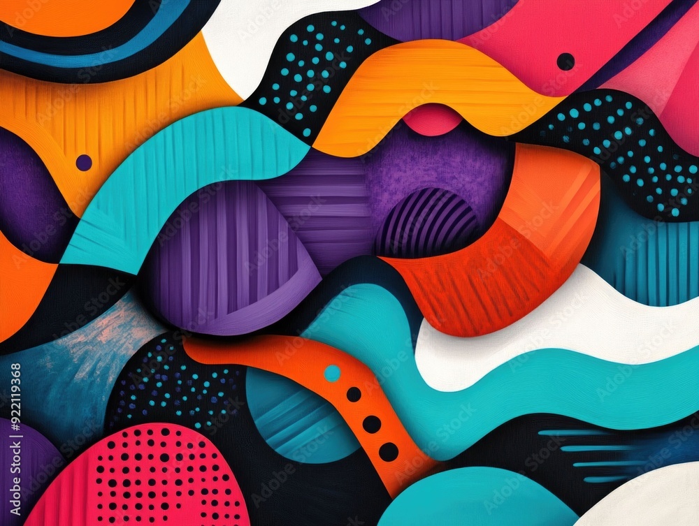 Poster vibrant and dynamic abstract doodle art featuring overlapping shapes patterns and a captivating colo