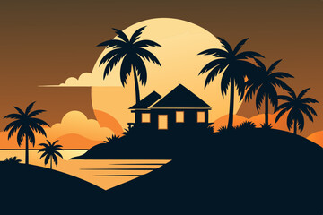 Tropical island and beach house silhouette clipart black and white vector art style illustration