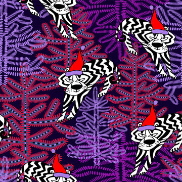 New year funny seamless pattern with tiger in red cap in winter forest of Christmas trees. Holiday animal of Chinese New Year. Wrapping paper, printing, textile, fabric, package, postcard, poster.