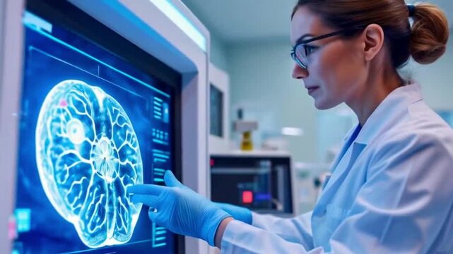 Radiologist Operating MRI/CT/PET Scan in a Medical Laboratory: Female Doctor Performing Emergency Procedure with Advanced Technology